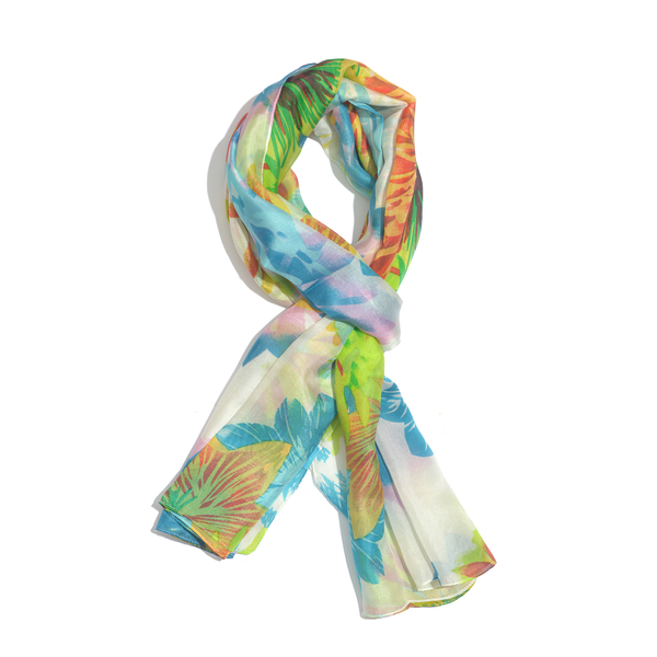 100% Mulberry Silk White and Multi Colour Floral Print Scarf (Size 175x100 Cm)