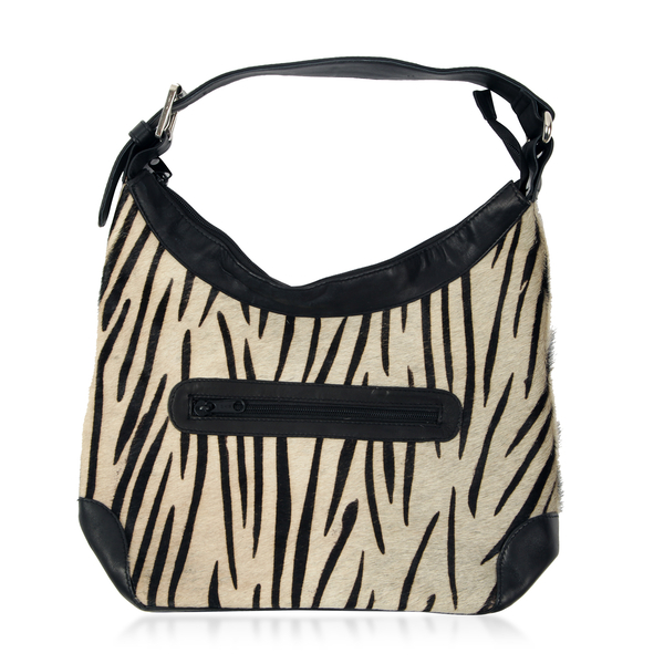 100% Genuine Leather Zebra Pattern Black and Cream Colour Handbag with External Zipper Pocket and Ad