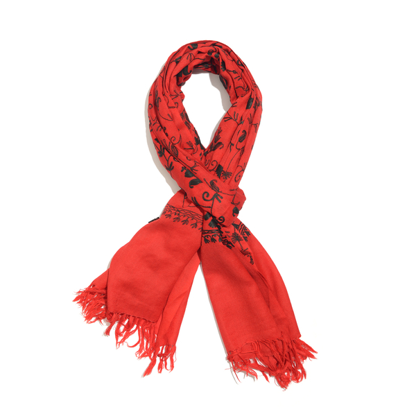 100% Merino Wool Red and Black Colour Paisley and Leaves Embroidered Scarf with Tassels (Size 180X68