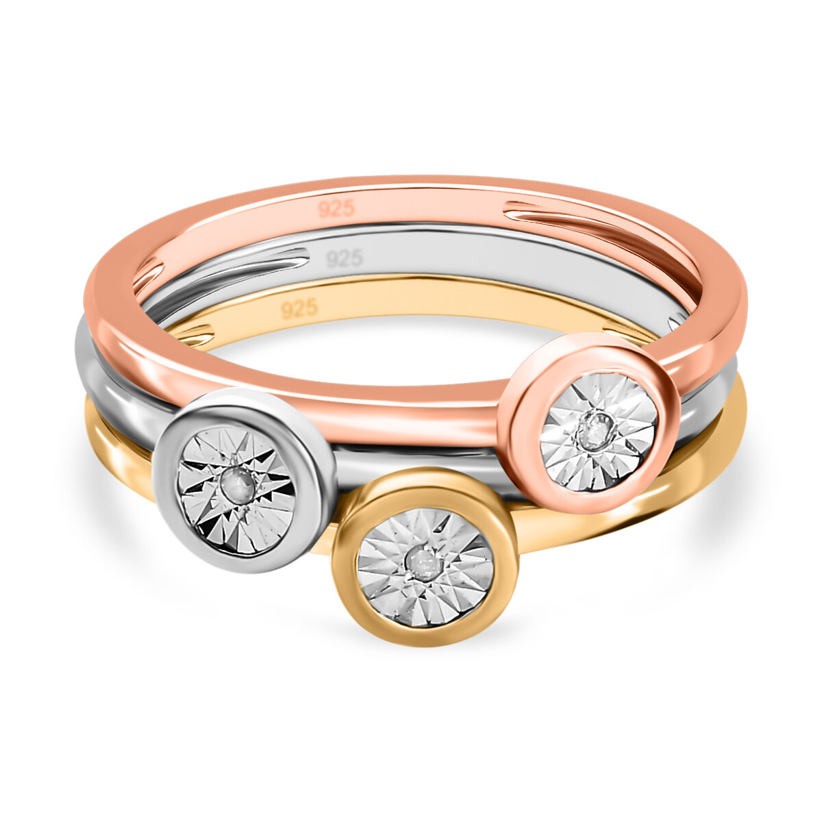 Set of 3 - Diamond Stackable Ring in Platinum Overlay and 18K Rose and Yellow Gold Vermeil Plated Sterling Silver 0.03 Ct.