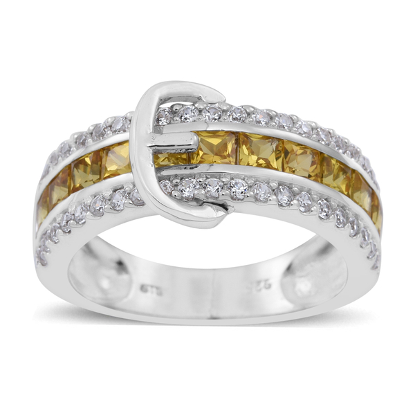 Yellow Sapphire (Sqr), Natural Cambodian Zircon Buckle Ring in  Rhodium Plated Sterling Silver 3.250