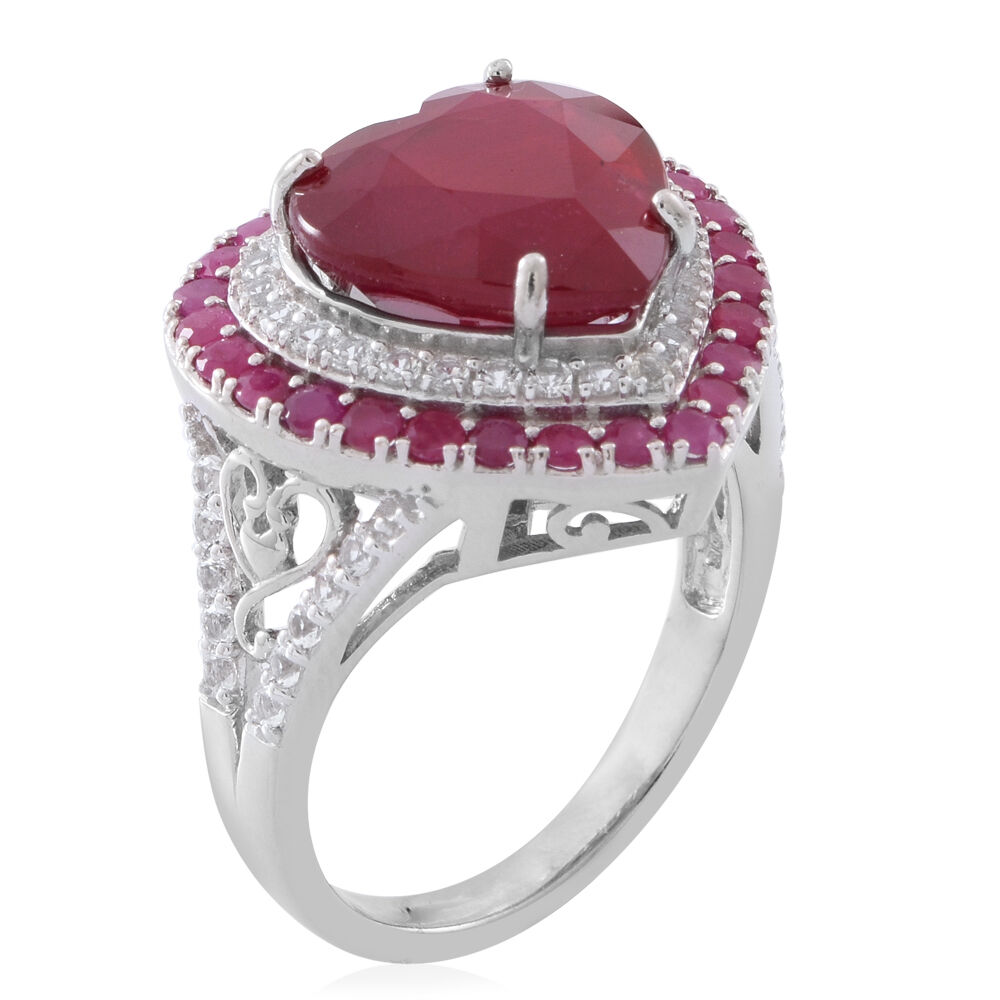 Red Carpet Collection- African Ruby (Hrt 10.50 Ct), Ruby and White Topaz Heart Ring in Rhodium Plated Sterling Silver 12.750 Ct.