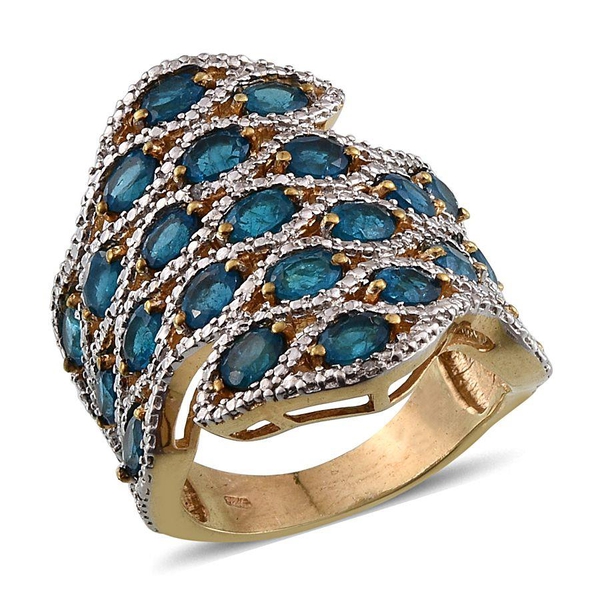4.52 Ct Malgache Neon Apatite and Diamond Cluster Ring in 14K Gold Plated Silver 9.50 Grams