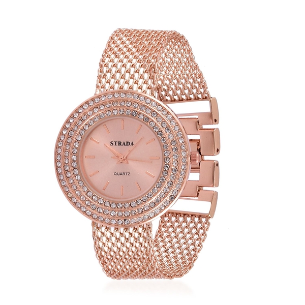 STRADA Japanese Movement Rose Dial White Austrian Crystal Water Resistant Watch in Rose Gold Tone wi
