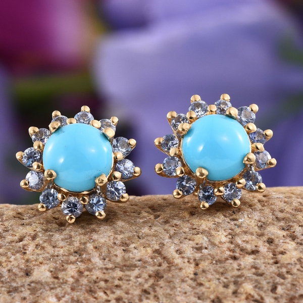 Arizona Sleeping Beauty Turquoise (Rnd), Royal Ceylon Sapphire Stud Earrings (with Push Back) in 14K Gold Overlay Sterling Silver 3.250 Ct.