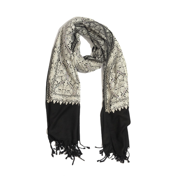 100% Merino Wool White Colour Mystic Sequins Embroidered Black Colour Scarf with Fringes at the Bottom (Size 200x70 Cm)