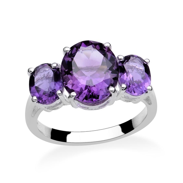 Uruguayan Amethyst (Ovl 4.00 Ct) 3 Stone Ring in Platinum Overlay Sterling Silver 6.000 Ct.