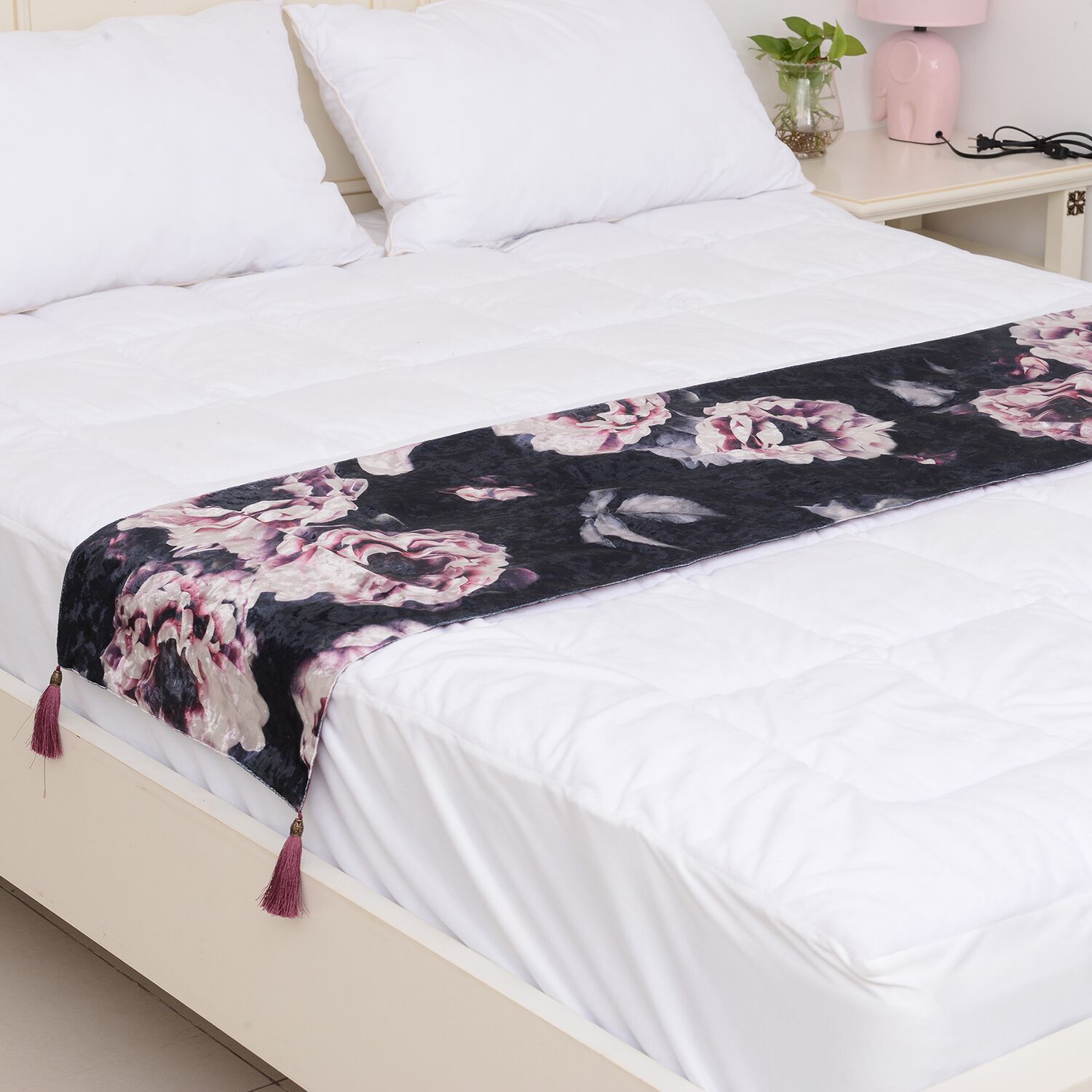 Sateen Lined Crushed Velvet Table Runner with Gardenia Print and Tassels (Size 40x160 cm)