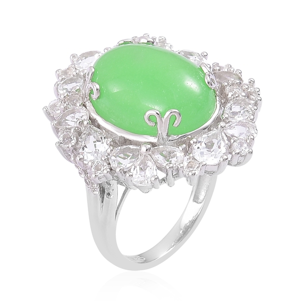 Green Jade (Ovl 11.75 Ct), White Topaz Floral Ring in Rhodium Plated Sterling Silver 15.650 Ct. Silver wt. 5.27 Gms.