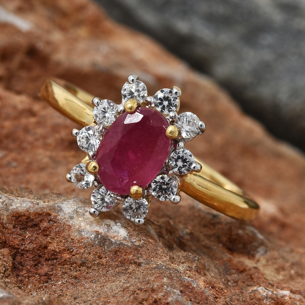 Designer Inspired- African Ruby (Ovl 1.25 Ct), Natural Cambodian White Zircon Floral Ring in 14K Gold Overlay Sterling Silver 1.750 Ct.
