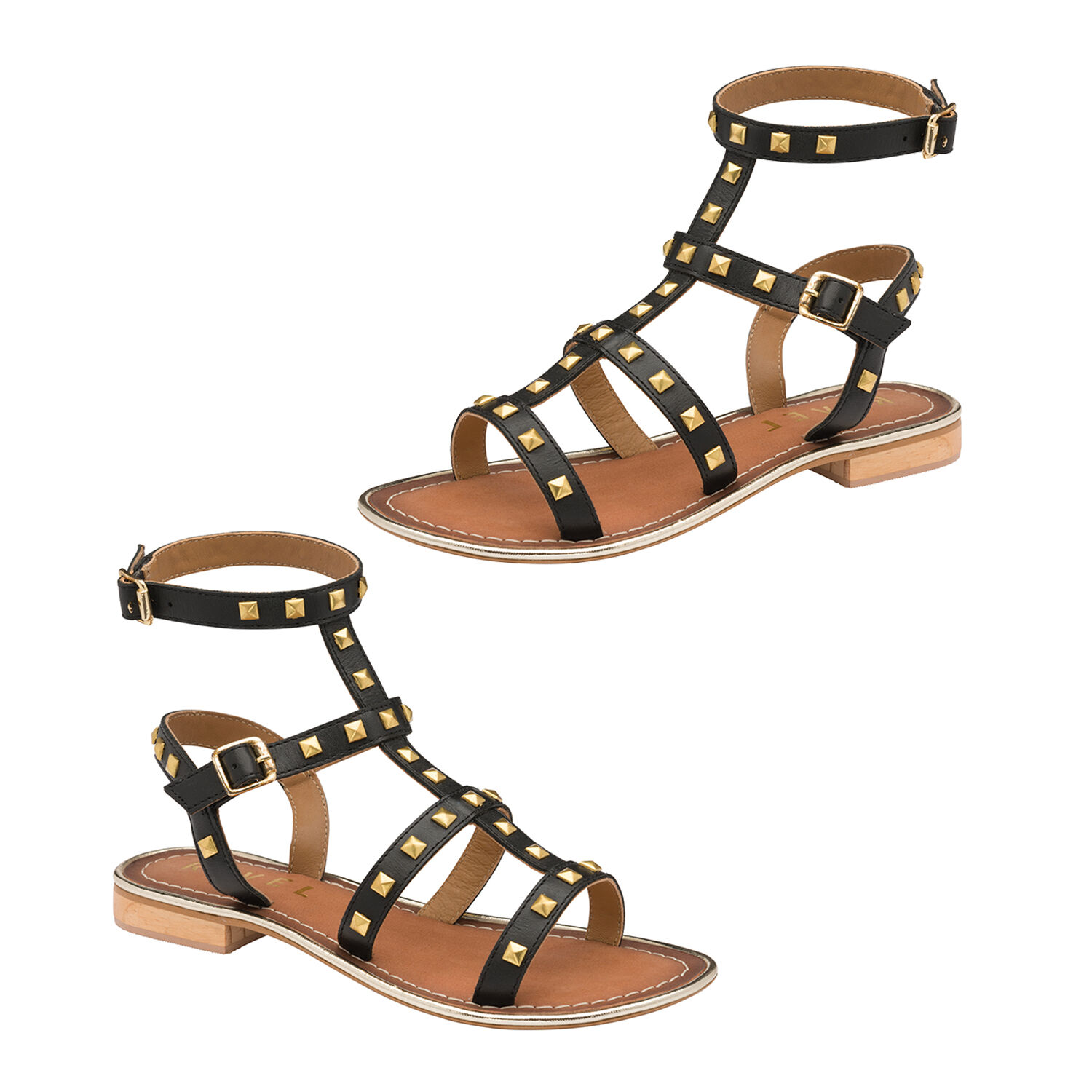 Ravel leather gladiator sandal with stud detailing and double strap ankle fastening.