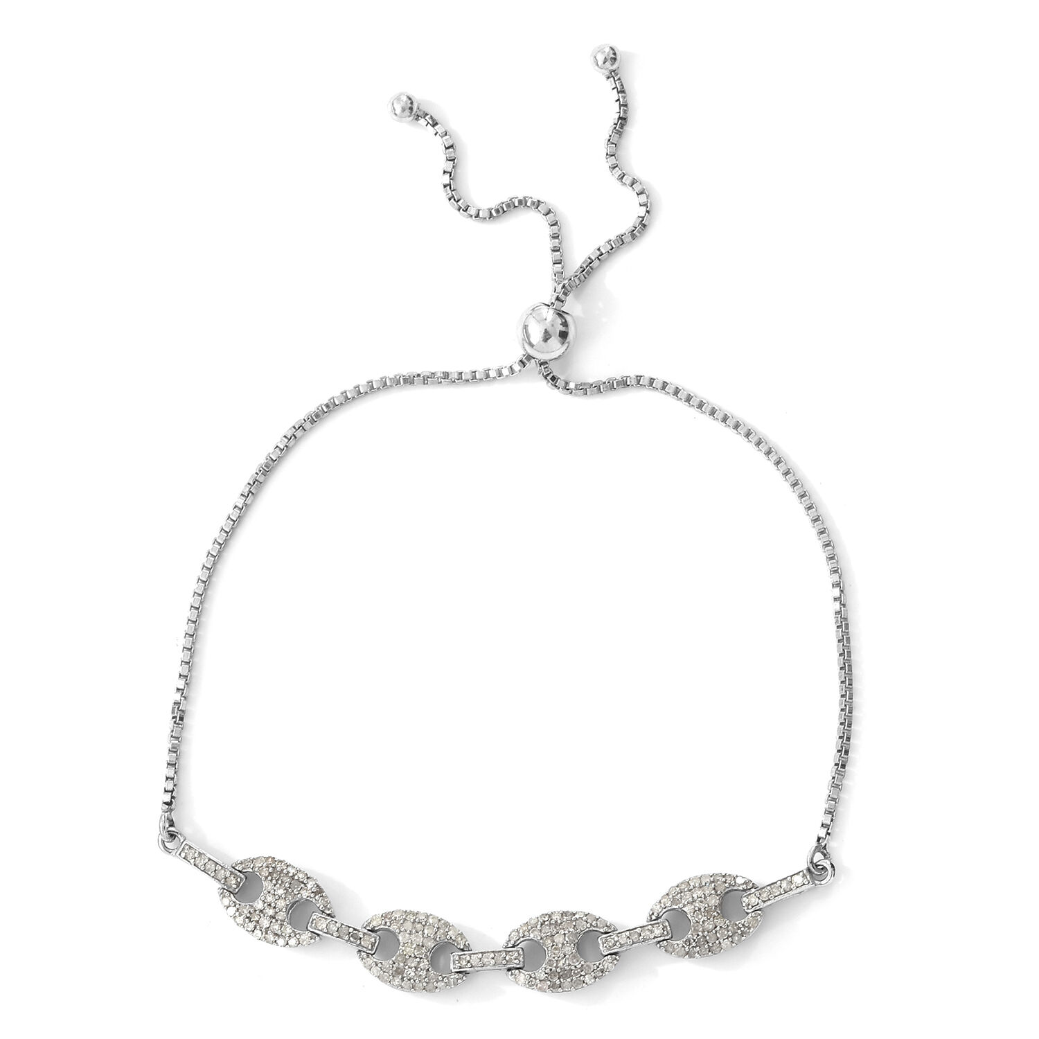 1 Carat Diamond Mariner Link Bolo Bracelet in Platinum Plated Sterling Silver 5.11 Grams