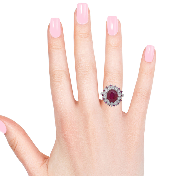 African Ruby (Ovl 6.00 Ct), Natural White Cambodian Zircon and Ruby Flower Ring in Rhodium Plated Sterling Silver 8.750 Ct.