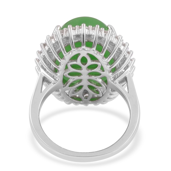 Green Jade (Ovl 14.00 Ct), Natural White Cambodian Zircon Ring in Rhodium Plated Sterling Silver 15.450 Ct.