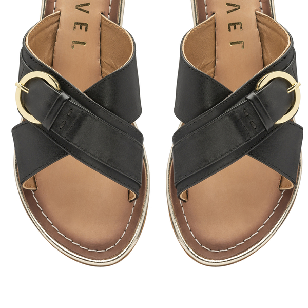 RAVEL Black Nola Leather Flat Sandals