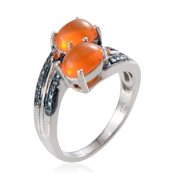 Orange Ethiopian Opal (Ovl), Jalisco Fire Opal and Blue Diamond Crossover Ring in Platinum Overlay Sterling Silver 1.400 Ct.