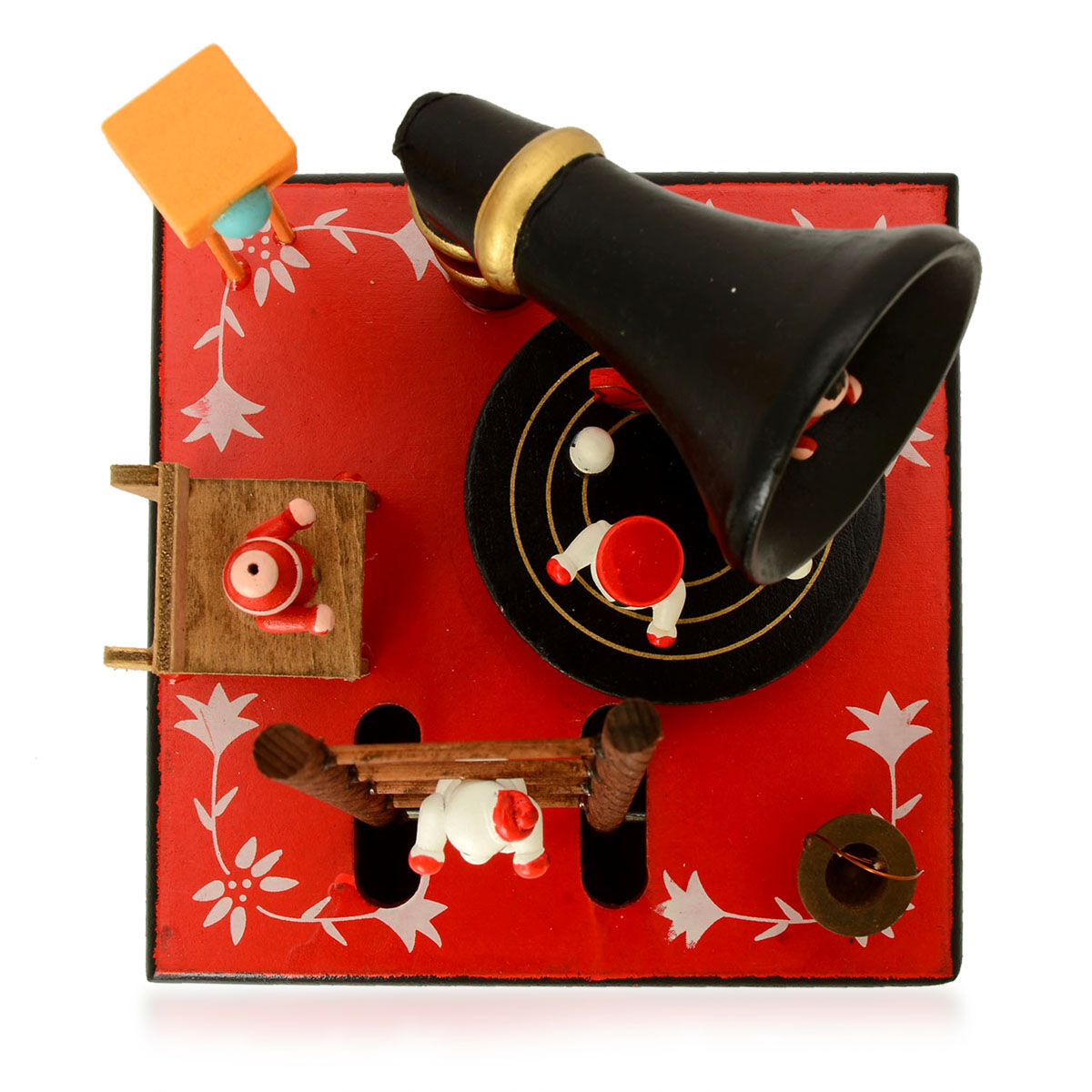 Red and Green Colour Moving Miniature Village Music Box with Small Christmas People in Resin