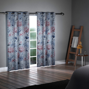 SERENITY NIGHT Set of 2 -  Flower Pattern Blackout Curtain with 8 Eyelets (Size 140x240cm) - Light Blue & Multi