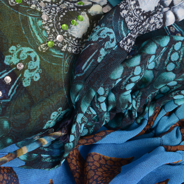 Blue, Chocolate and Multi Colour Crystal Embellished Digital Printed Top (Size 80x65 Cm)