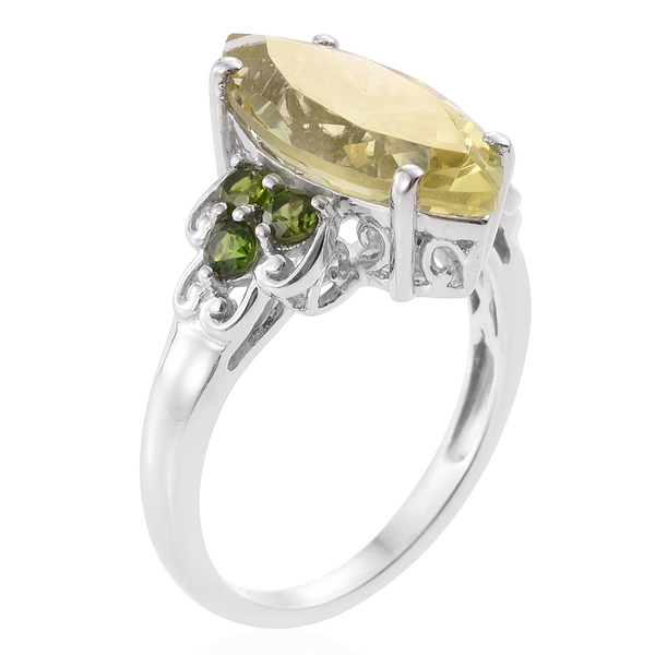 Natural Green Gold Quartz (Mrq 5.20 Ct), Chrome Diopside Ring in Platinum Overlay Sterling Silver 5.750 Ct.