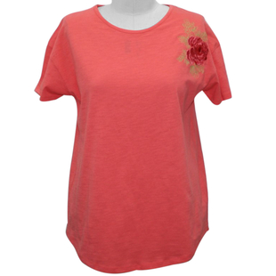 SUGARCRISP 100% Cotton Short Sleeved TShirt with Flower Detail(Size L) - Hot Coral