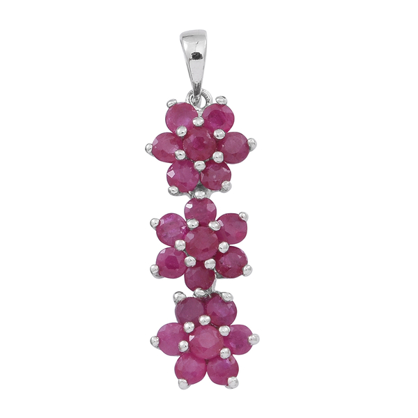 Ruby (Rnd) Triple Floral Pendant in Rhodium Plated Sterling Silver 2.000 Ct.