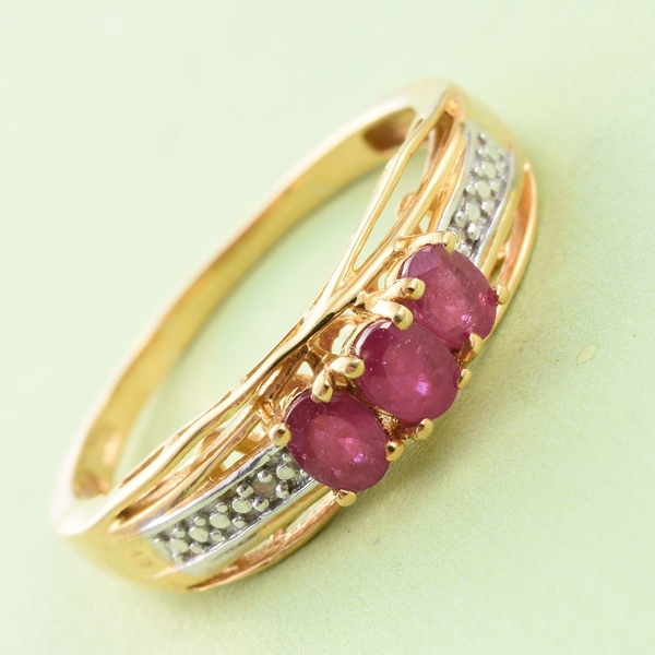 African Ruby and Diamond 0.76 Ct Silver Trilogy Ring in Gold Overlay