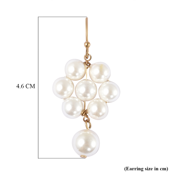 White Shell Pearl Floral Dangling Earrings (With Hook) in Yellow Gold Tone