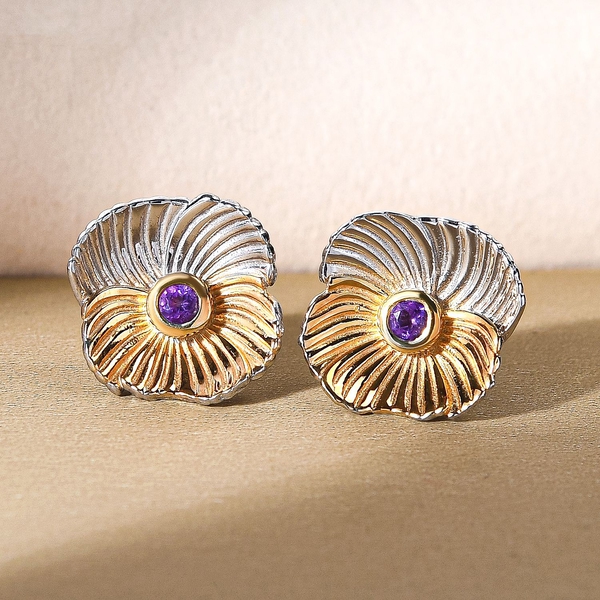 Amethyst Floral Stud Earrings (with Push Back) in Platinum and Gold Overlay Sterling Silver