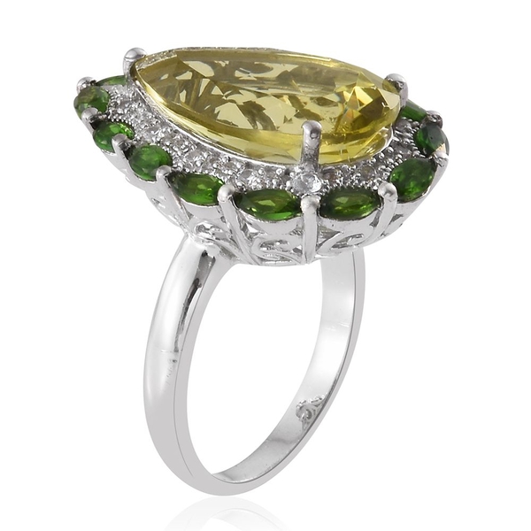 Brazilian Green Gold Quartz (Pear 13.00 Ct), Chrome Diopside and Natural Cambodian Zircon Ring in Platinum Overlay Sterling Silver 15.750 Ct., Silver wt 8.41 Gms.