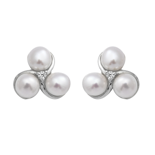 Freshwater Pearl and Simulated Diamond Stud Earrings (with Push Back) in Rhodium Overlay Sterling Si