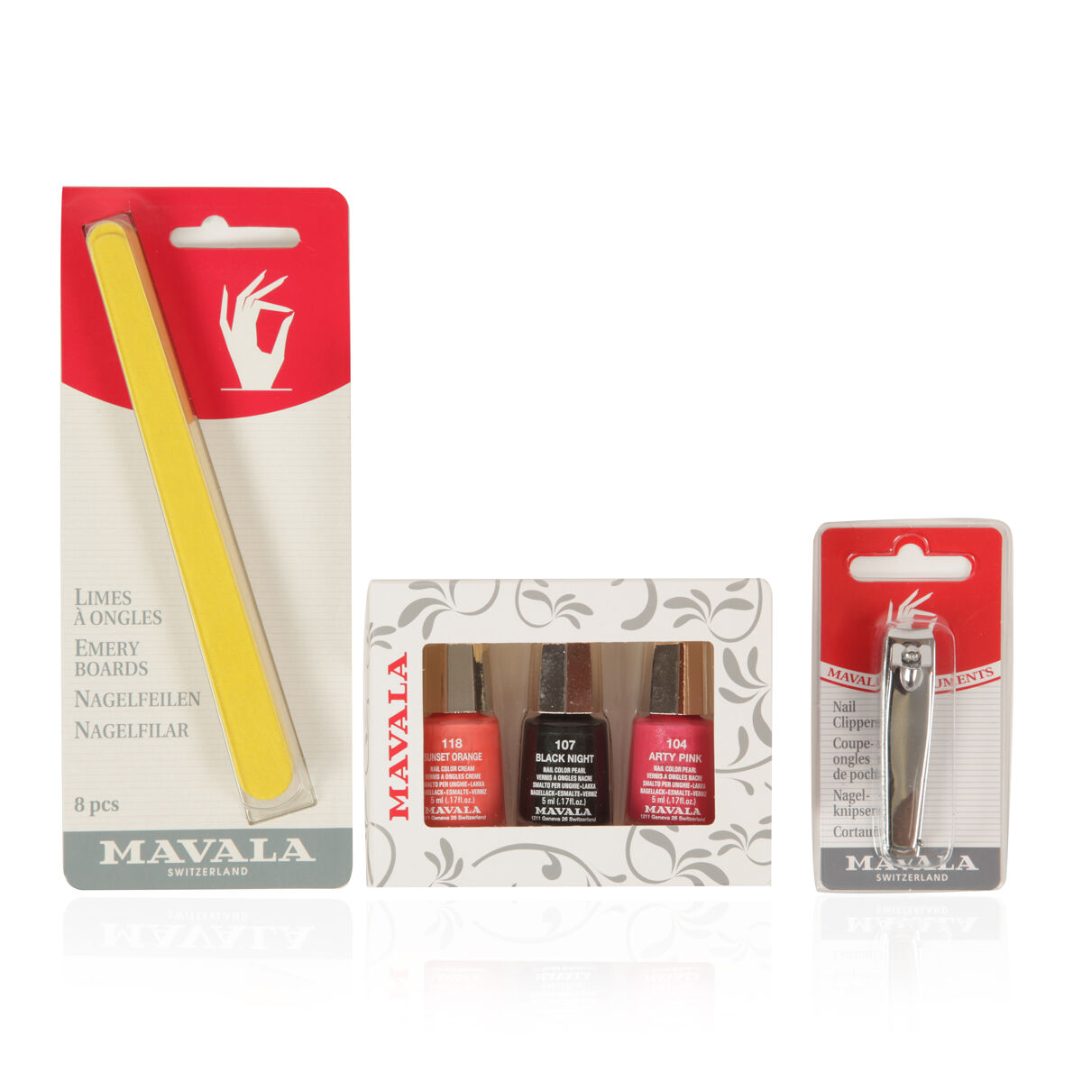 Mavala- Party Nights 3 x Polish 5ml- Sunset Orange, Black Night and Arty Pink with Emery Boards and 