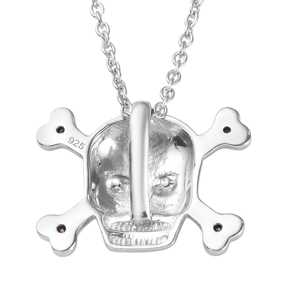 Black Diamond (Rnd) Skull Pendant with Chain (Size 18) in Platinum Overlay and Black Plating Sterling Silver 0.09 Ct.