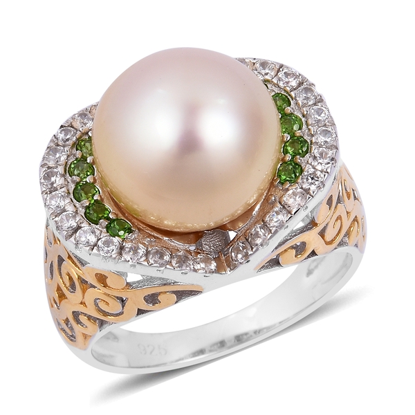 Rare Size South Sea Golden Pearl (Rnd 11.5-12 mm), Natural White Cambodian Zircon and Chrome Diopsid