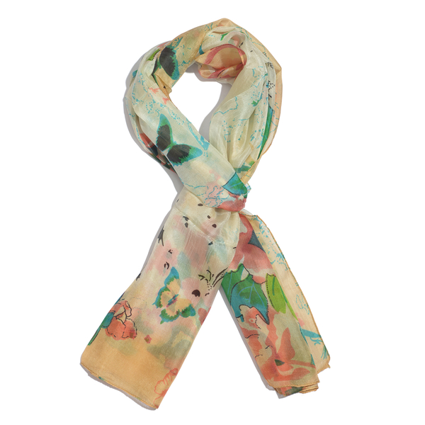 SILK MARK - Made in Kashmir 100% Silk Green and Multi Colour Floral and Butterfly Pattern Yellow Colour Scarf (Size 180x50 Cm)
