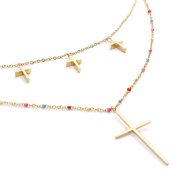 2 Piece Set - Cross Enamelled Necklace (Size 20 With 2 Inch Extender) and Earrings (With Push Back) in Yellow Gold Tone