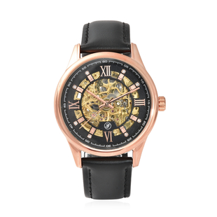 GENOA Automatic Movement Black Dial Rose Gold Case Crystal Studded 5 ATM Water Resistant Watch with Black Leather Strap