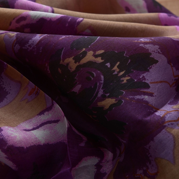 100% Mulberry Silk Purple and Pink Colour Floral Pattern Light Chocolate Colour Scarf (Size 175x50 Cm)