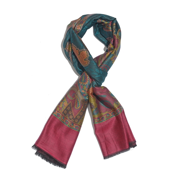100% Modal Multi Colour Floral and Leaves Pattern Burgundy, Golden and Green Colour Jacquard Scarf (Size 190x70 Cm)