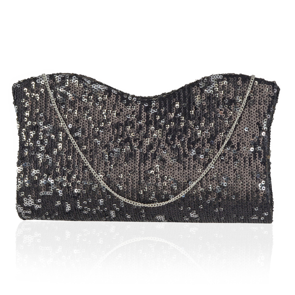 Black Colour Satin Clutch Bag with Silver and Black Sequins and Chain Strap (Size 21x10 Cm)