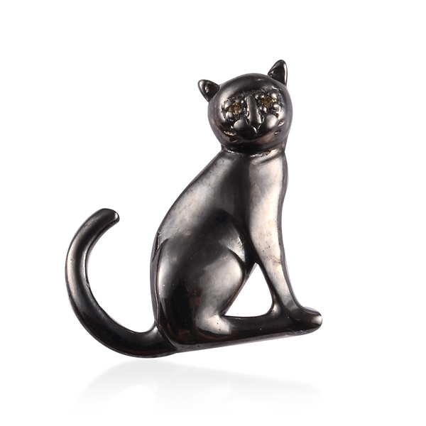 Yellow Sapphire (Rnd) Halloween Cat Pendant in Platinum Overlay and Black Plating Sterling Silver 0.