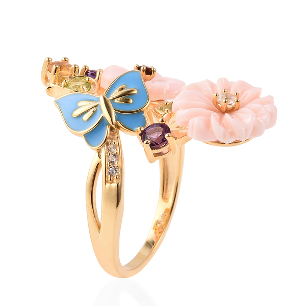 Jardin Collection - Pink Mother of Pearl, Hebei Peridot and Multi Gemstone Enamelled Butterfly Floral Ring in Yellow Gold Overlay Sterling Silver Ring, Silver wt 5.07 Gms