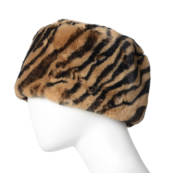 3 Piece Set - Faux Fur Zebra Print Hat, Scarf and Cuff Bracelet - Black and Brown