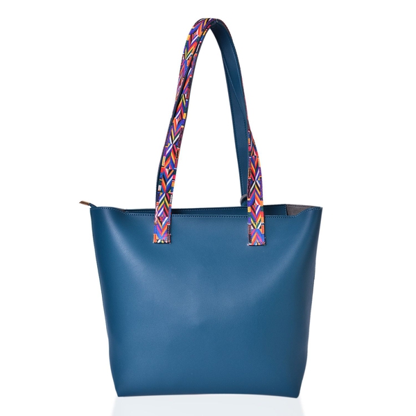 Teal Colour Handbag (Size 41X29.5X27.5X13 Cm) with Multi Colour Shoulder Strap and Pouch (Size 20X12.5 Cm)