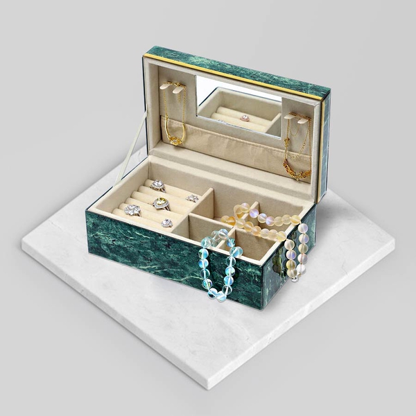 Malachite Gemstone Jewellery Storage Box with Golden Rim and Inside Mirror (Size 21x13x8.5 cm)