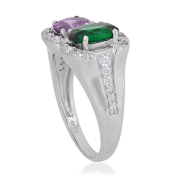 AAA Simulated Amethyst, Simulated Emerald and Simulated White Diamond Ring in Rhodium Plated Sterling Silver