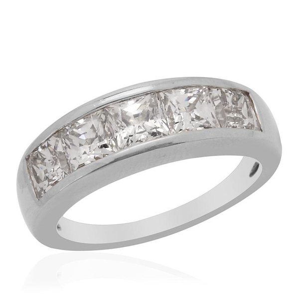 Lustro Stella - Platinum Overlay Sterling Silver (Sqr) 5 Stone Ring Made with Finest CZ  3.550 Ct.