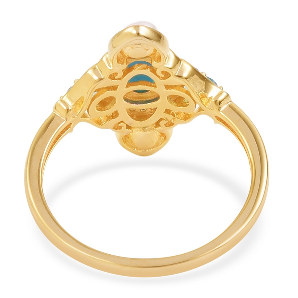 Designer Inspired - Arizona Sleeping Beauty Turquoise (Ovl), Fresh Water Pearl, Malgache Neon Apatite and Natural White Cambodian Zircon Ring in Yellow Gold Overlay Sterling Silver 1.050 Ct.