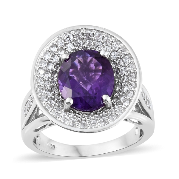 5.75 Ct Lusaka Amethyst and Zircon Halo Ring in Platinum Plated Silver 7.60 Grams