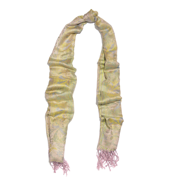Green, Pink and Multi Colour Paisley and Floral Pattern Jacquard Scarf with Tassels (Size 180X70 Cm)